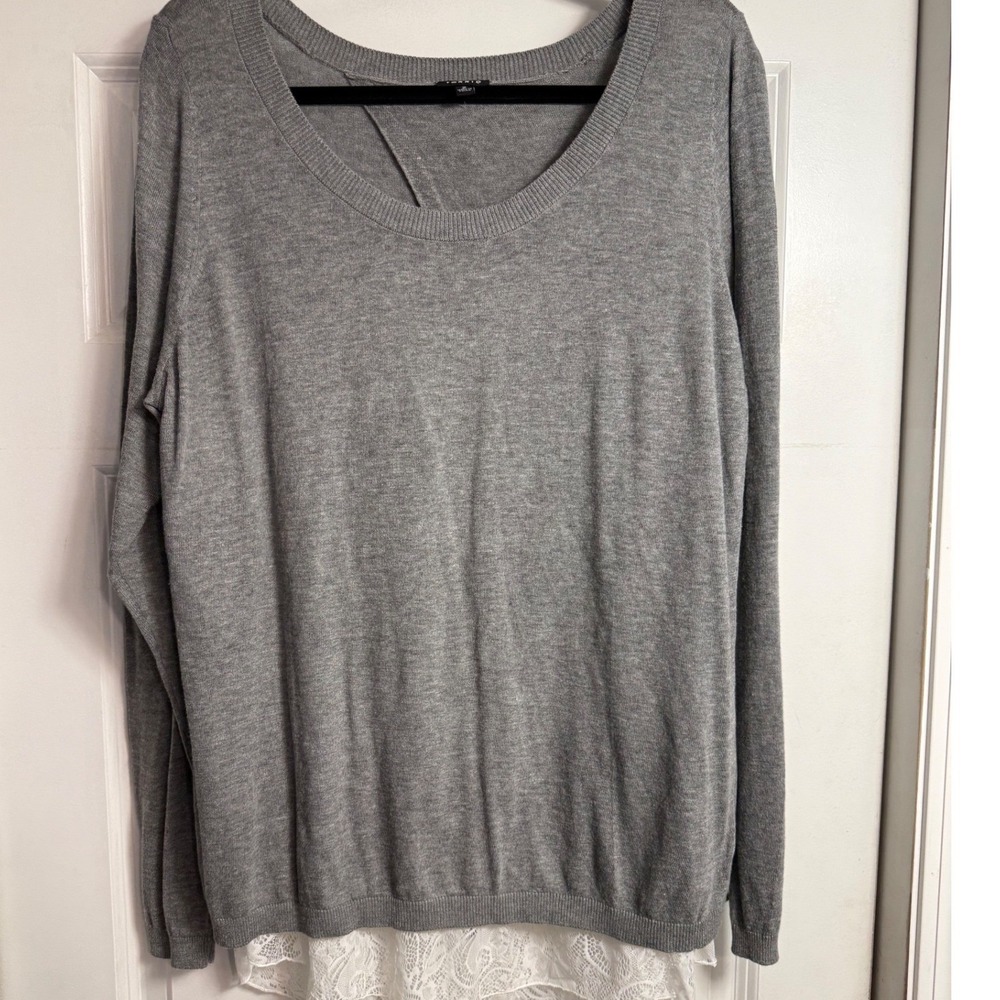 Torrid Gray Faux Layered Lace Hem Split Back Sweater Womens Plus Size 2 2X